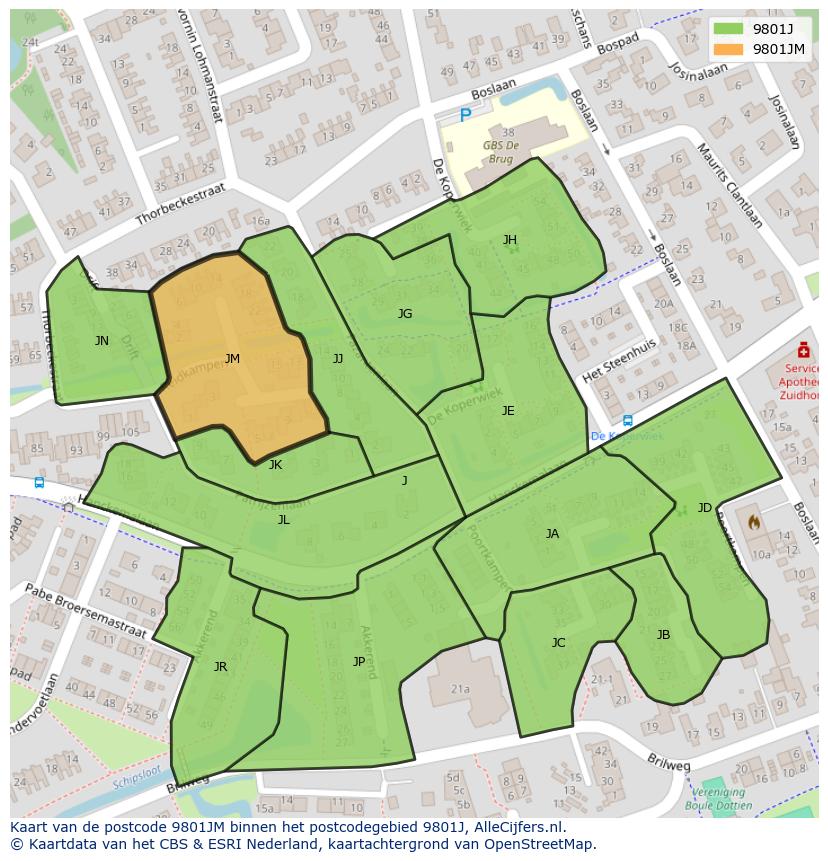 Afbeelding van het postcodegebied 9801 JM op de kaart.