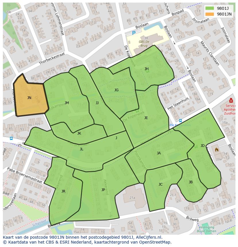 Afbeelding van het postcodegebied 9801 JN op de kaart.