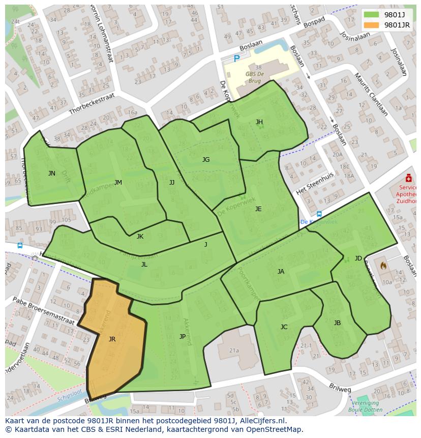 Afbeelding van het postcodegebied 9801 JR op de kaart.