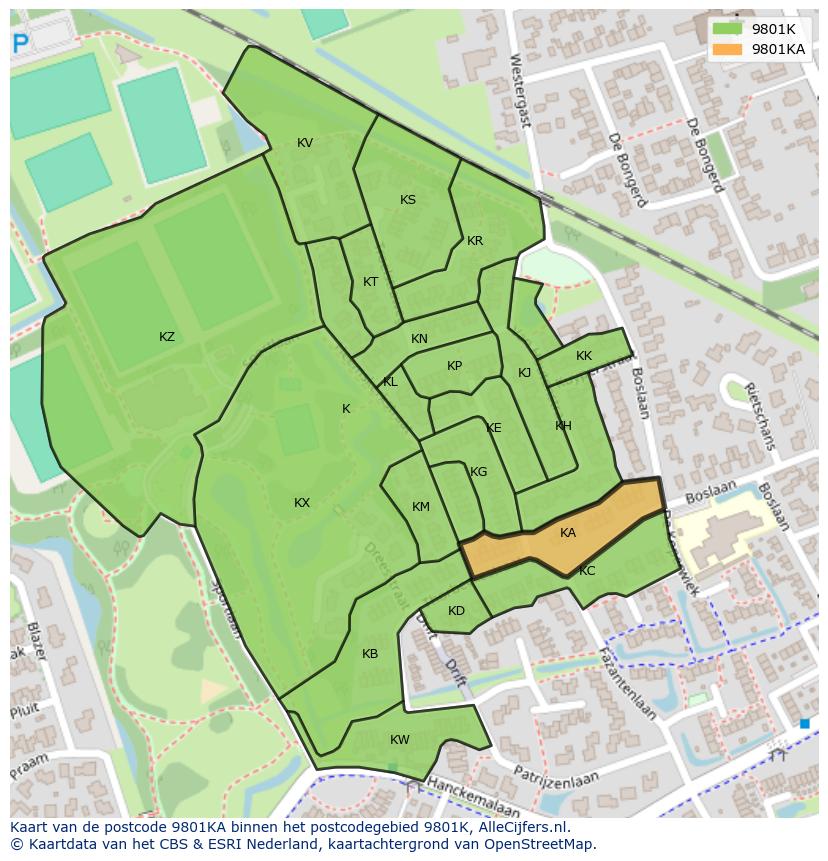 Afbeelding van het postcodegebied 9801 KA op de kaart.