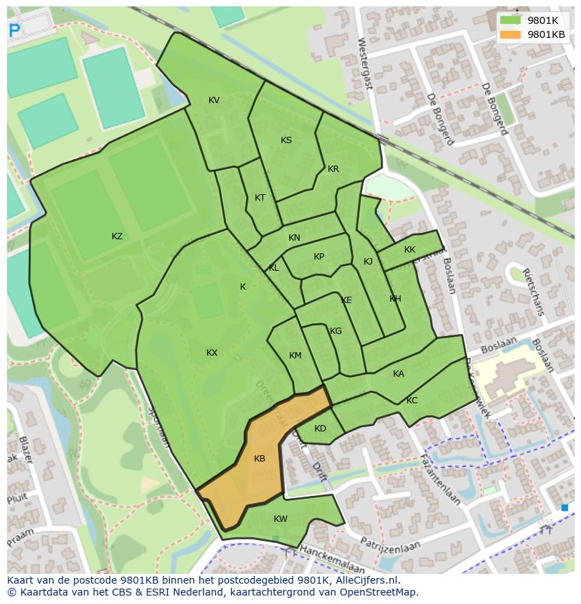 Afbeelding van het postcodegebied 9801 KB op de kaart.