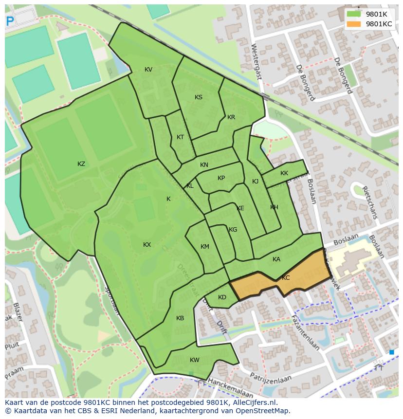 Afbeelding van het postcodegebied 9801 KC op de kaart.