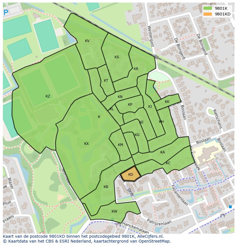 Afbeelding van het postcodegebied 9801 KD op de kaart.