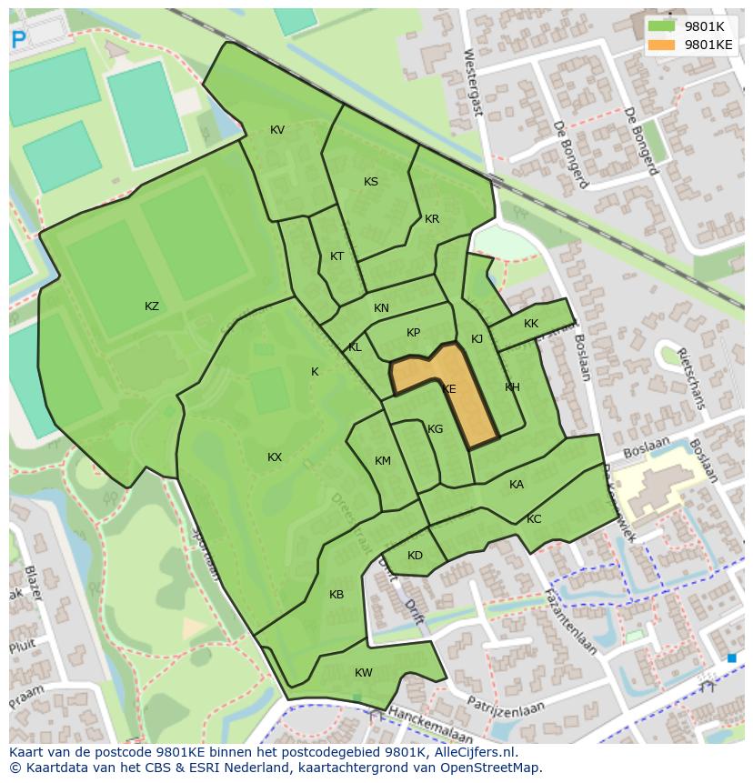 Afbeelding van het postcodegebied 9801 KE op de kaart.