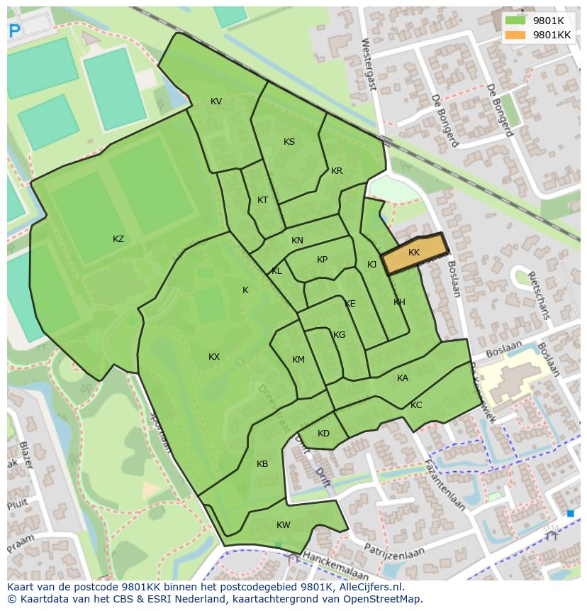 Afbeelding van het postcodegebied 9801 KK op de kaart.