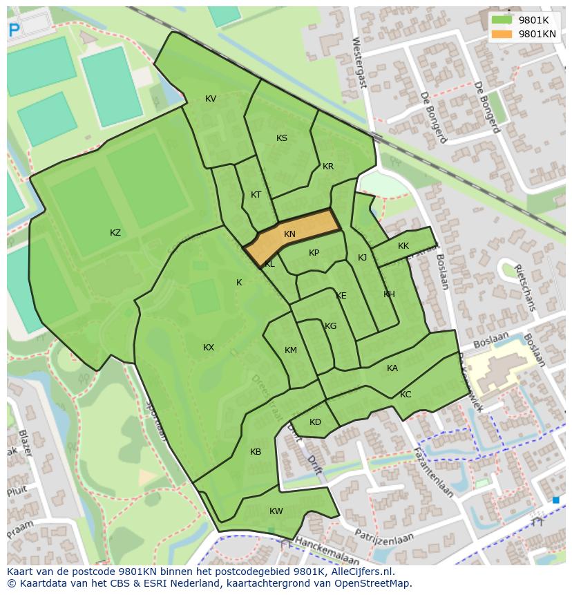 Afbeelding van het postcodegebied 9801 KN op de kaart.