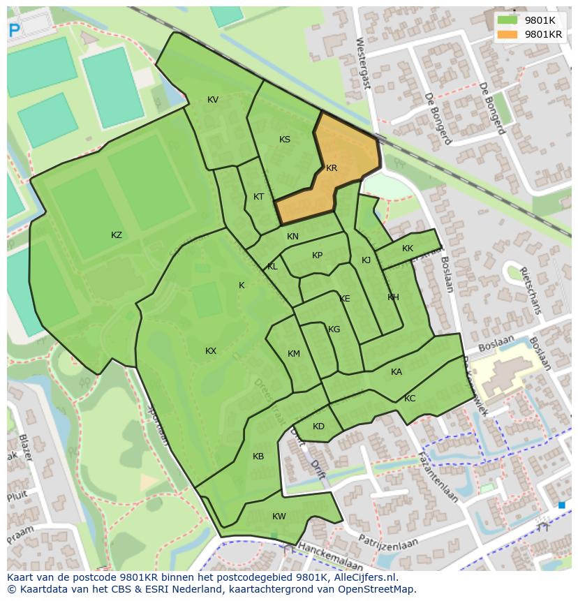Afbeelding van het postcodegebied 9801 KR op de kaart.