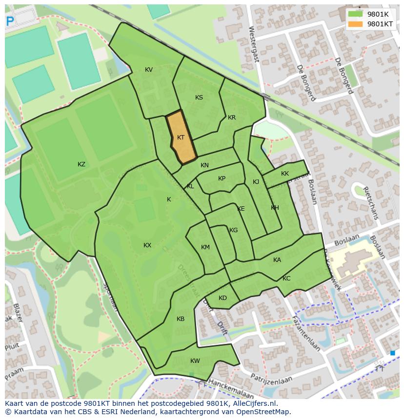 Afbeelding van het postcodegebied 9801 KT op de kaart.