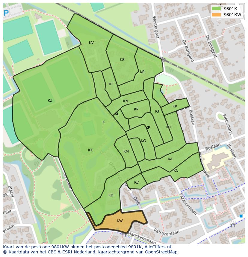 Afbeelding van het postcodegebied 9801 KW op de kaart.