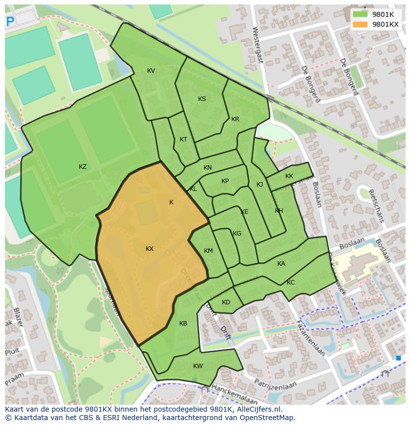 Afbeelding van het postcodegebied 9801 KX op de kaart.