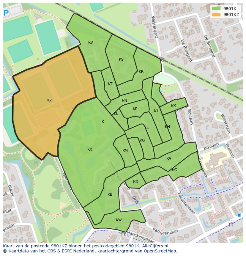 Afbeelding van het postcodegebied 9801 KZ op de kaart.