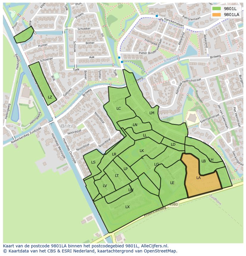 Afbeelding van het postcodegebied 9801 LA op de kaart.