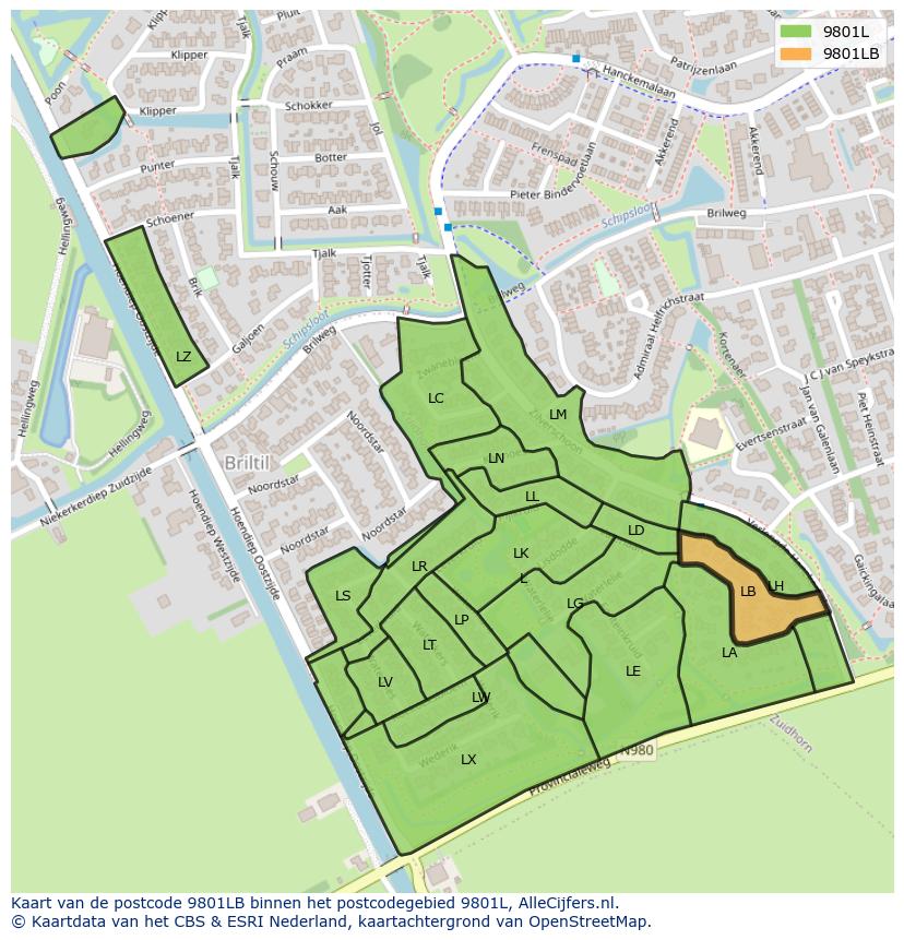 Afbeelding van het postcodegebied 9801 LB op de kaart.