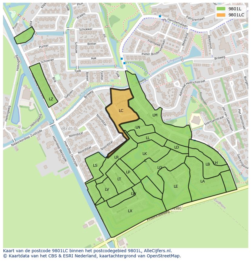 Afbeelding van het postcodegebied 9801 LC op de kaart.