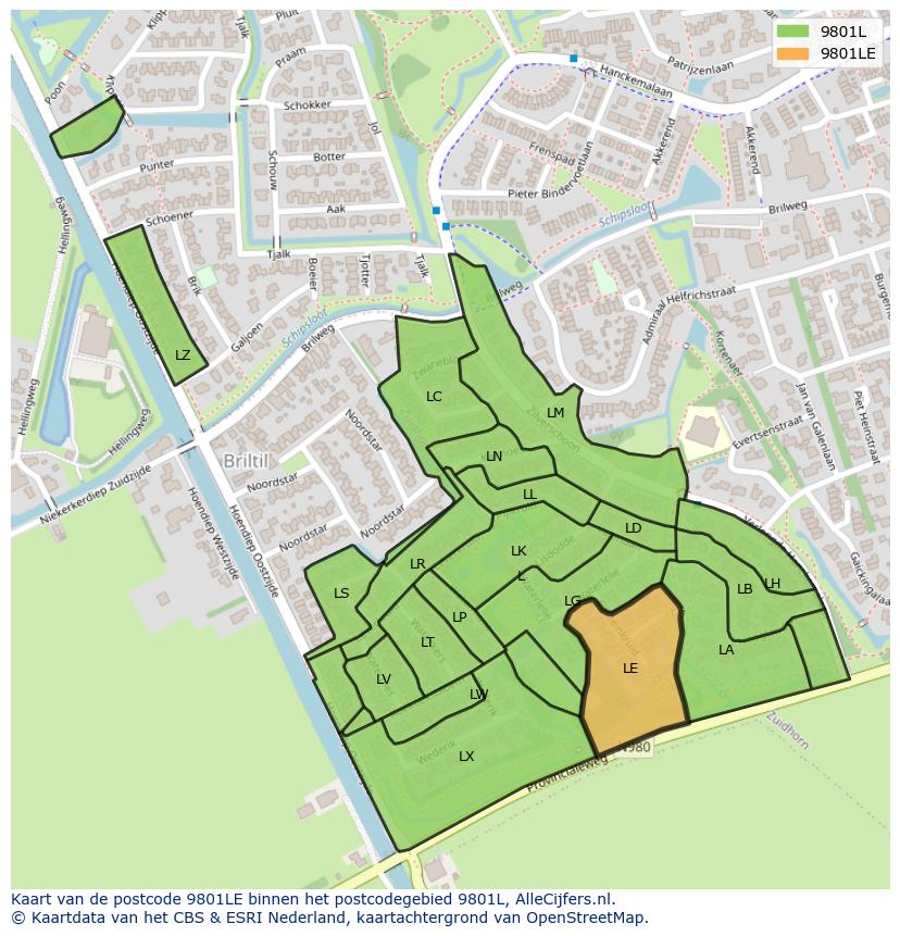 Afbeelding van het postcodegebied 9801 LE op de kaart.