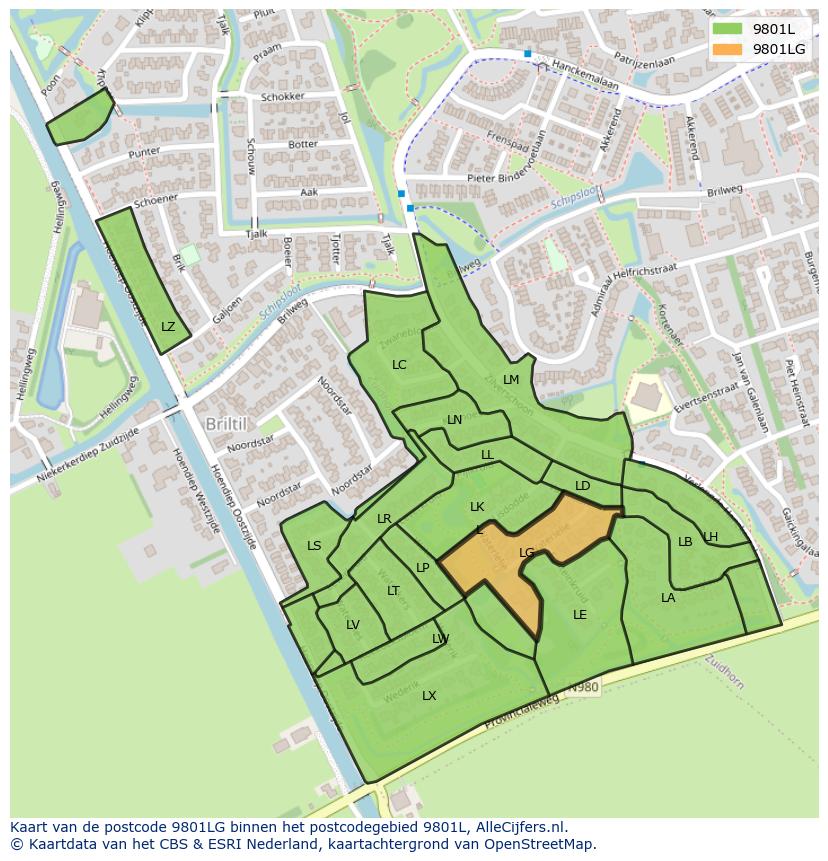Afbeelding van het postcodegebied 9801 LG op de kaart.