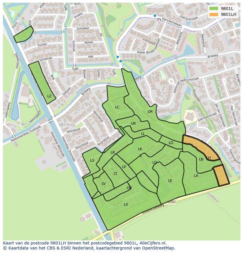 Afbeelding van het postcodegebied 9801 LH op de kaart.