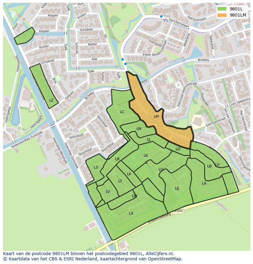 Afbeelding van het postcodegebied 9801 LM op de kaart.