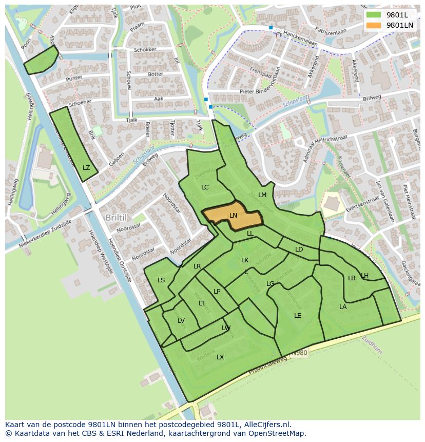 Afbeelding van het postcodegebied 9801 LN op de kaart.