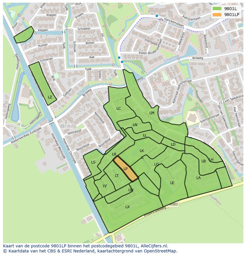 Afbeelding van het postcodegebied 9801 LP op de kaart.