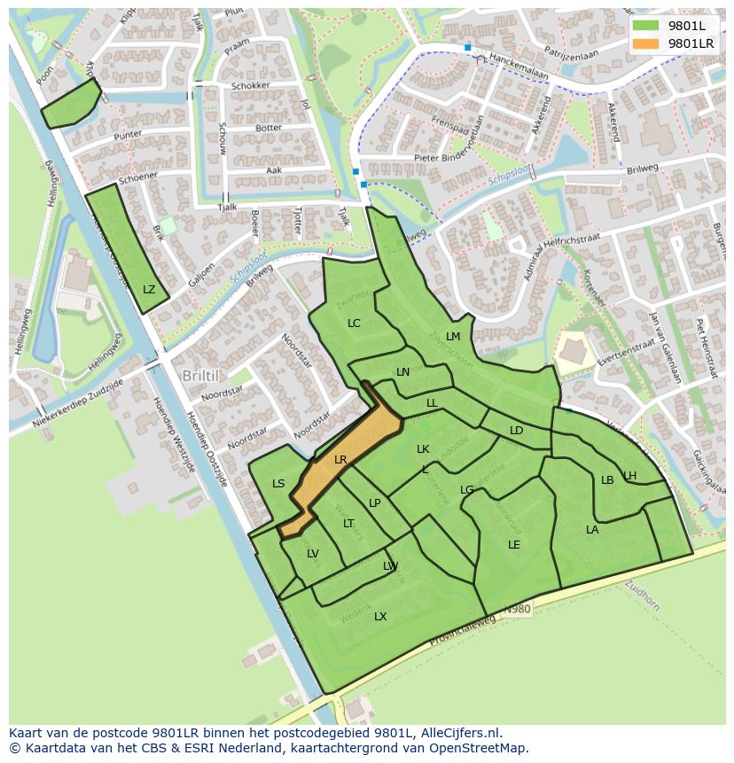 Afbeelding van het postcodegebied 9801 LR op de kaart.