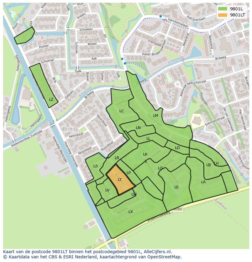 Afbeelding van het postcodegebied 9801 LT op de kaart.
