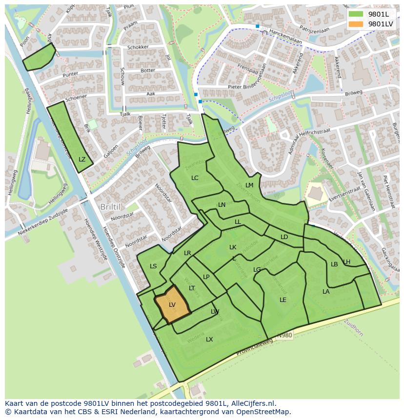 Afbeelding van het postcodegebied 9801 LV op de kaart.