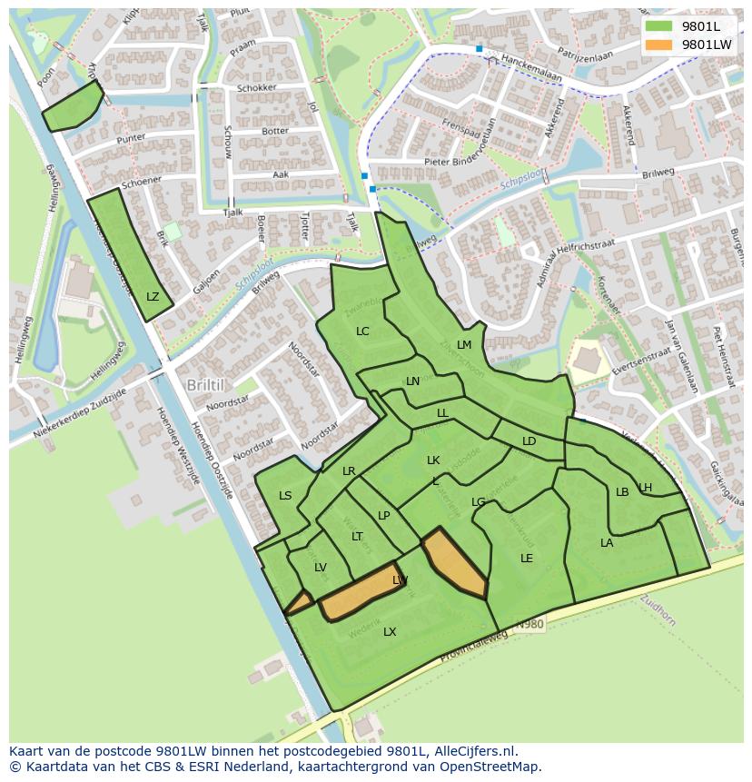 Afbeelding van het postcodegebied 9801 LW op de kaart.