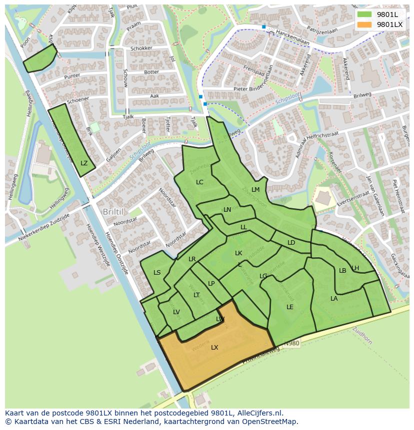 Afbeelding van het postcodegebied 9801 LX op de kaart.