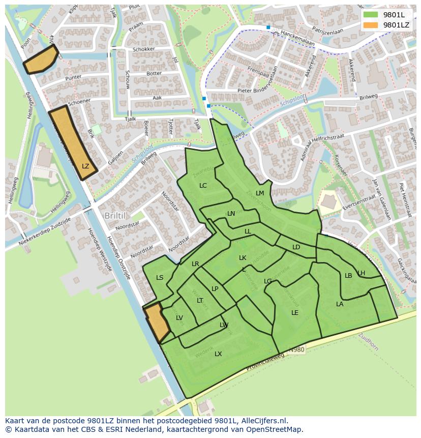 Afbeelding van het postcodegebied 9801 LZ op de kaart.