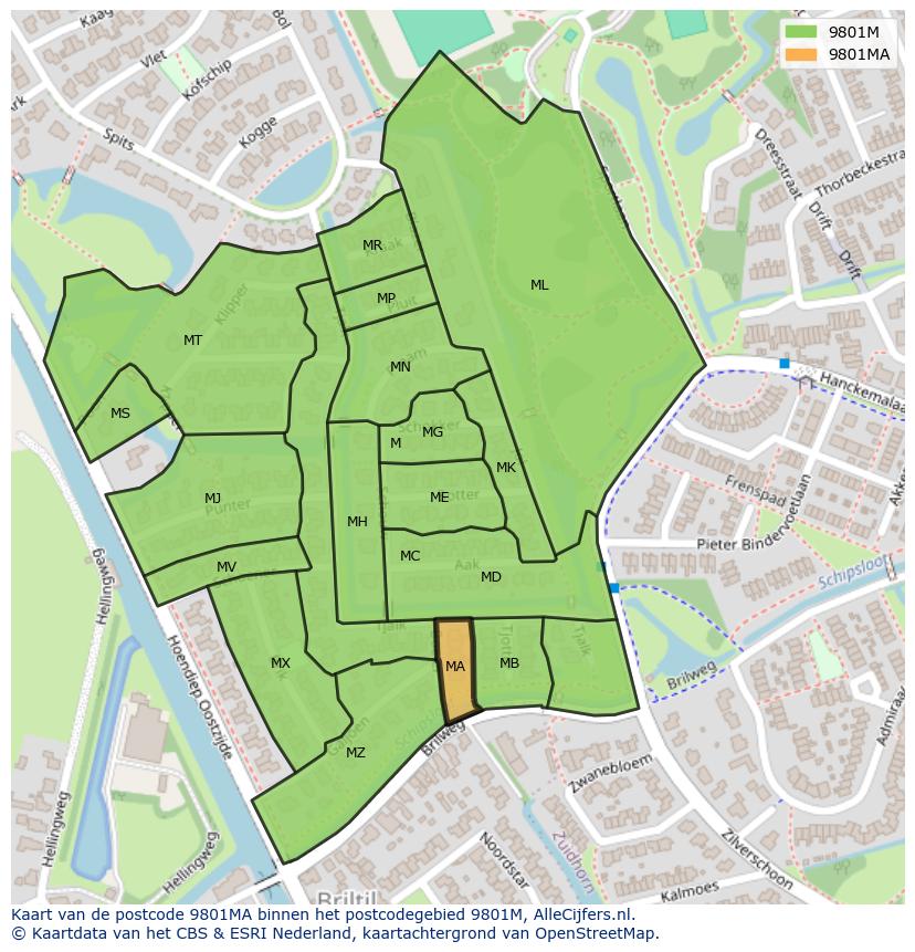 Afbeelding van het postcodegebied 9801 MA op de kaart.