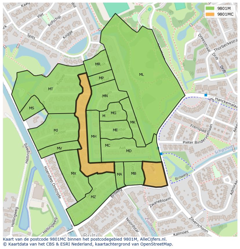 Afbeelding van het postcodegebied 9801 MC op de kaart.