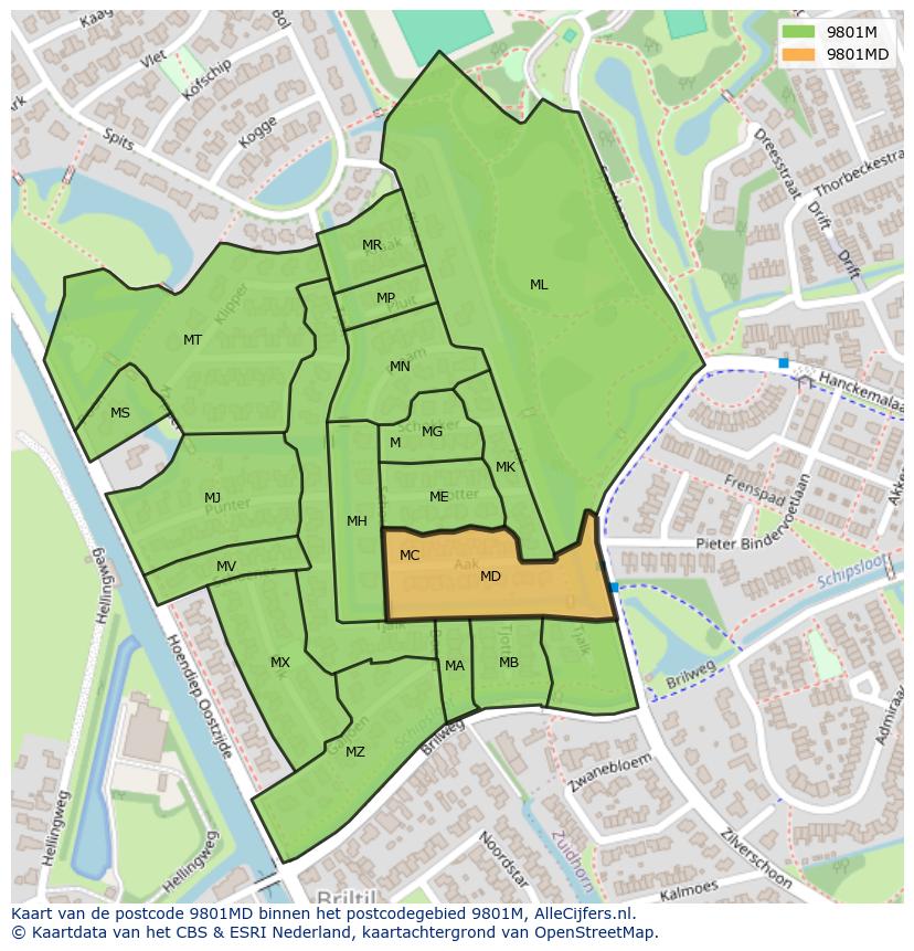 Afbeelding van het postcodegebied 9801 MD op de kaart.