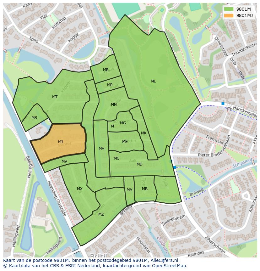 Afbeelding van het postcodegebied 9801 MJ op de kaart.