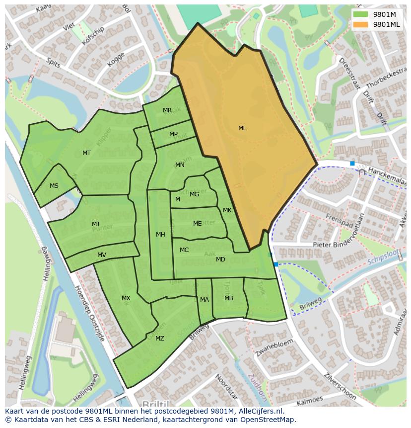 Afbeelding van het postcodegebied 9801 ML op de kaart.