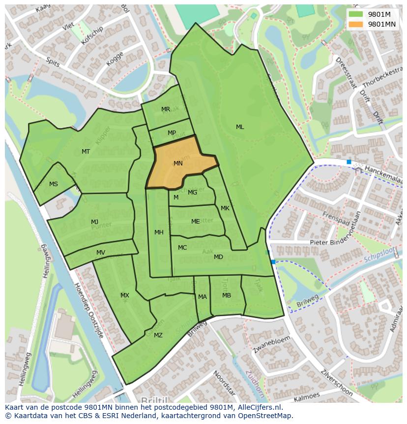 Afbeelding van het postcodegebied 9801 MN op de kaart.