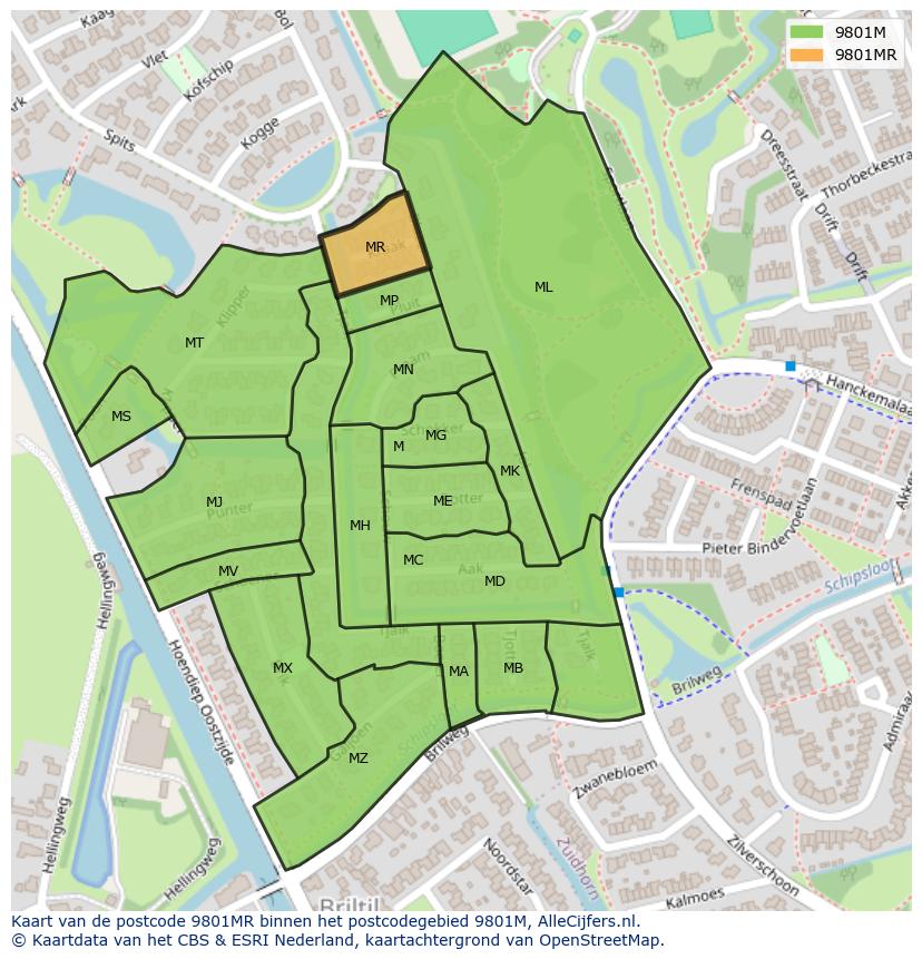 Afbeelding van het postcodegebied 9801 MR op de kaart.