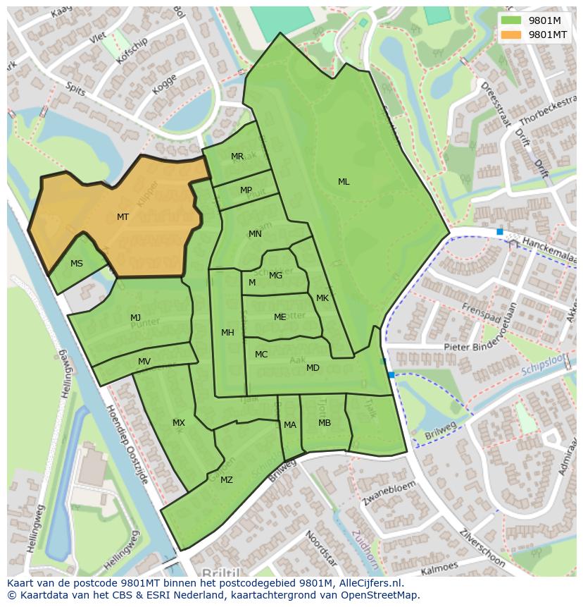 Afbeelding van het postcodegebied 9801 MT op de kaart.