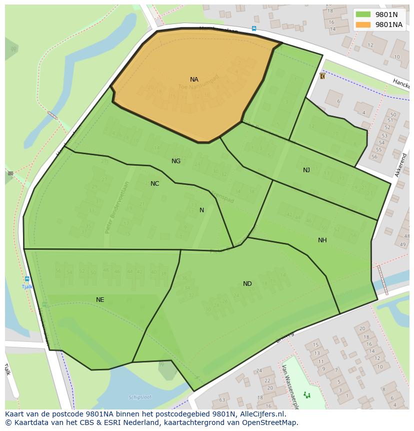 Afbeelding van het postcodegebied 9801 NA op de kaart.