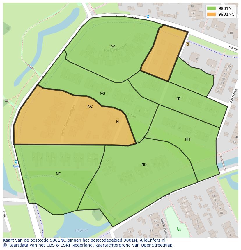 Afbeelding van het postcodegebied 9801 NC op de kaart.
