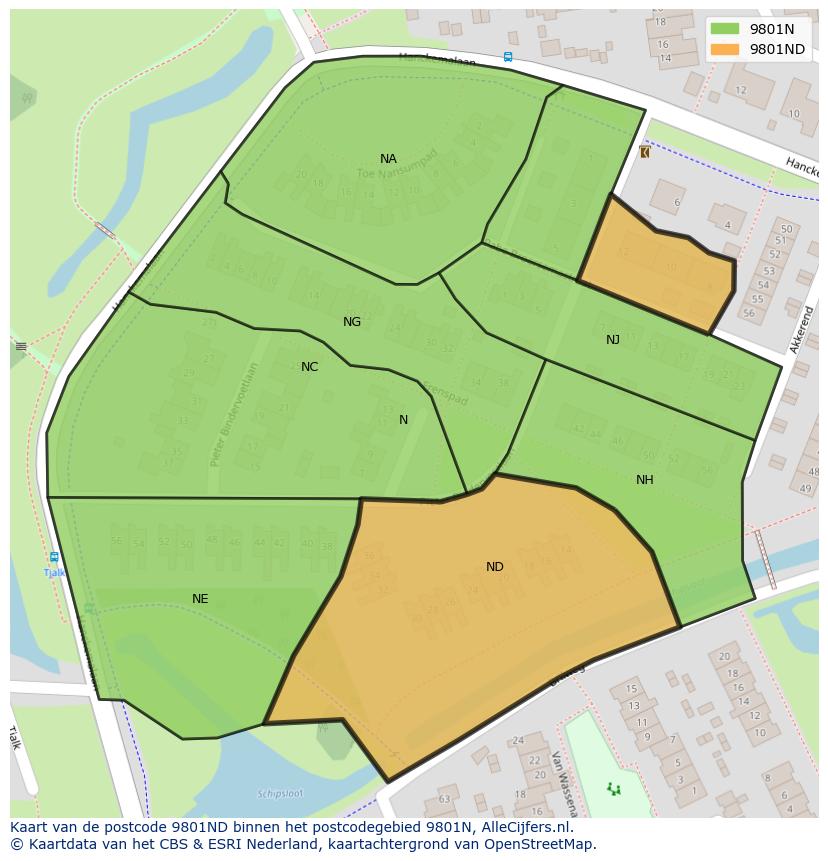 Afbeelding van het postcodegebied 9801 ND op de kaart.