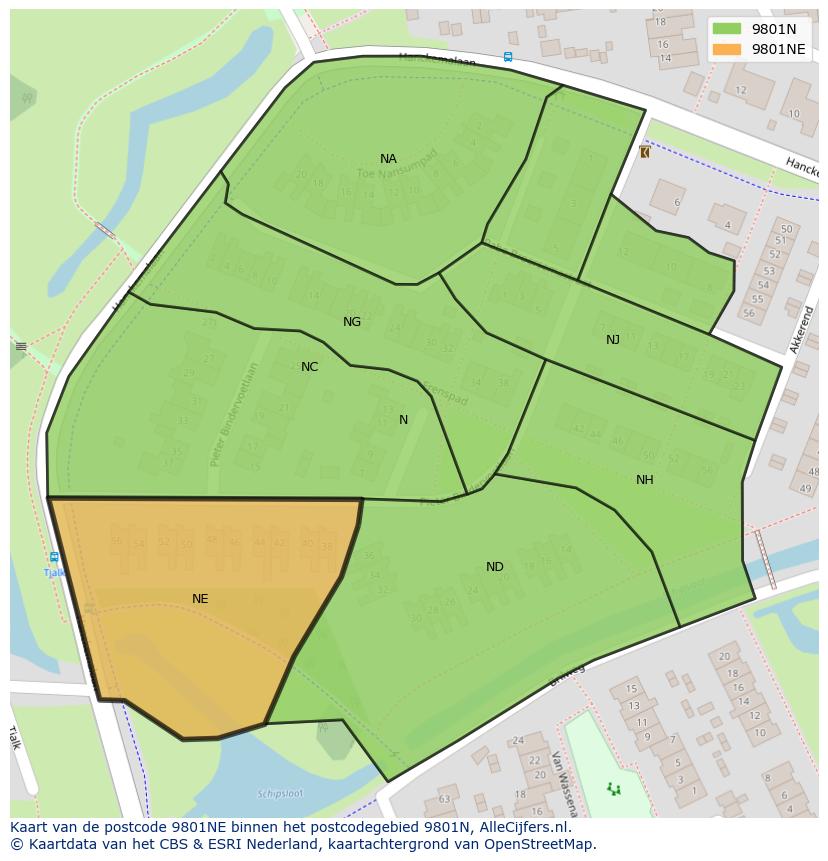 Afbeelding van het postcodegebied 9801 NE op de kaart.