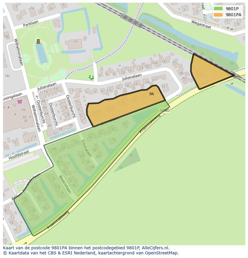 Afbeelding van het postcodegebied 9801 PA op de kaart.