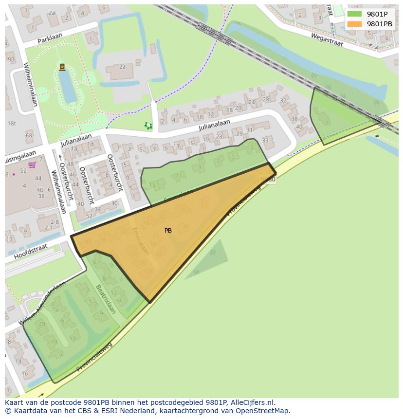 Afbeelding van het postcodegebied 9801 PB op de kaart.
