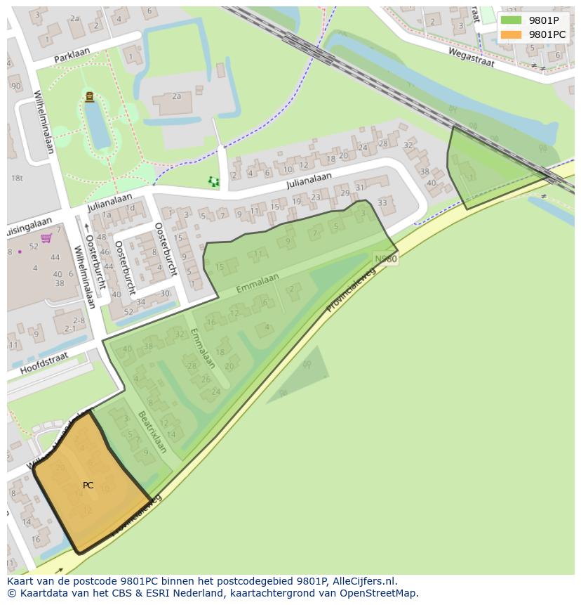 Afbeelding van het postcodegebied 9801 PC op de kaart.