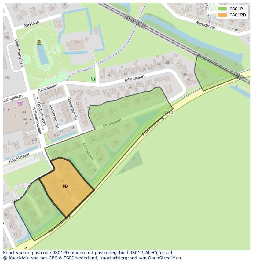 Afbeelding van het postcodegebied 9801 PD op de kaart.