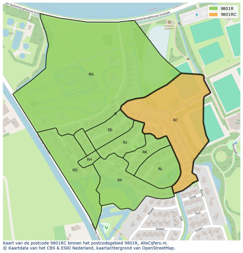 Afbeelding van het postcodegebied 9801 RC op de kaart.