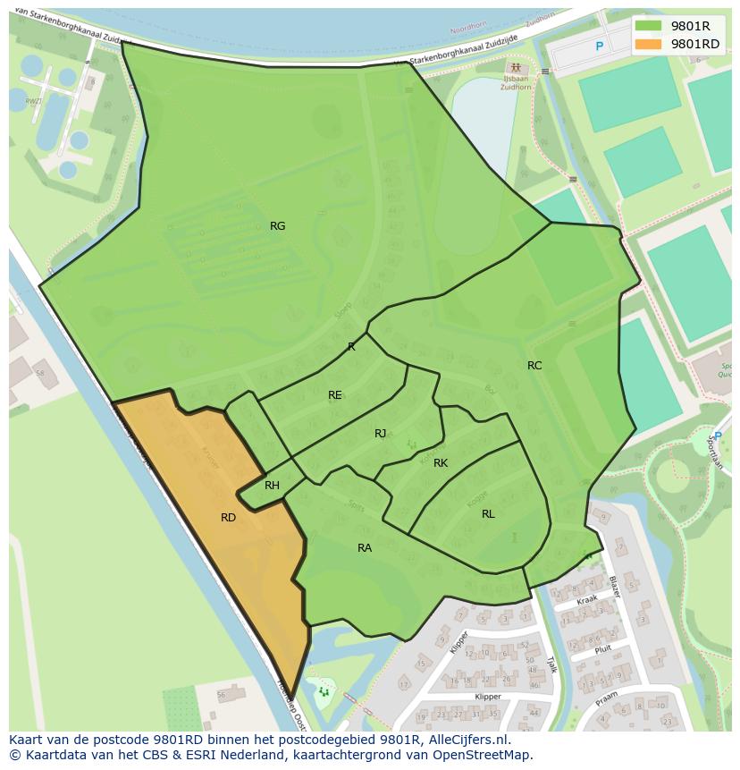 Afbeelding van het postcodegebied 9801 RD op de kaart.