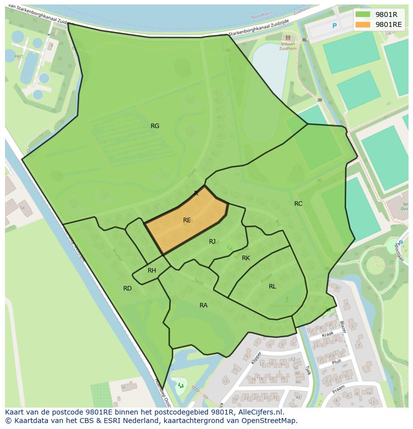 Afbeelding van het postcodegebied 9801 RE op de kaart.