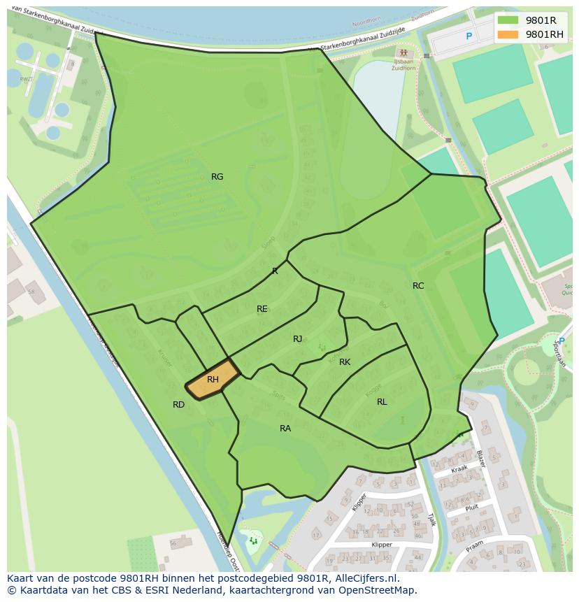 Afbeelding van het postcodegebied 9801 RH op de kaart.